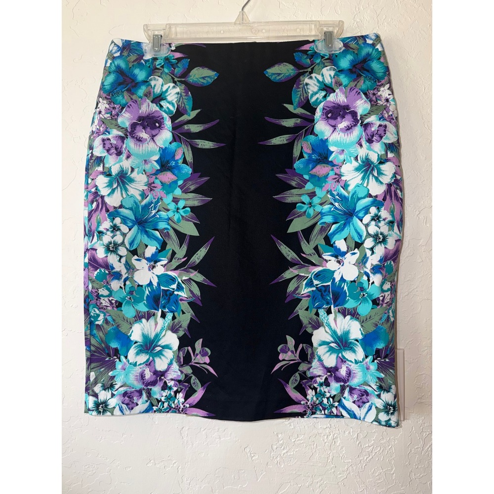 Roz & Ali Black Tropical Knee Floral Pencil Skirt Side Border Print Size 12 EUC